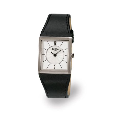 Boccia - Black Leather Watch with White Face/Tank-style Case - Click Image to Close